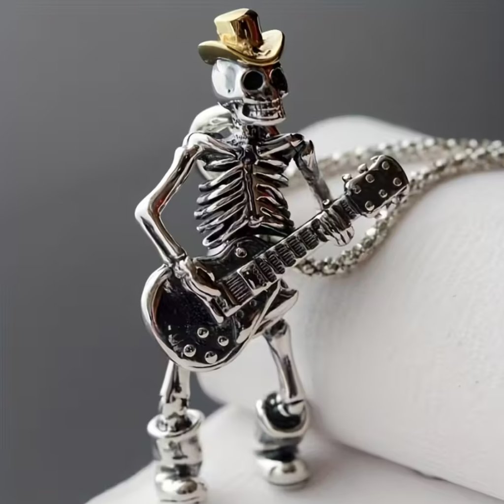 Skeleton Playing Guitar On 22 Inch Silver Color Chain